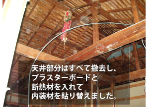 富山県の便利屋・リフォーム：ライフサービス／リフォーム／天井部分はすべて撤去し、プラスターボードと断熱材を入れて内装材を貼り替えました。